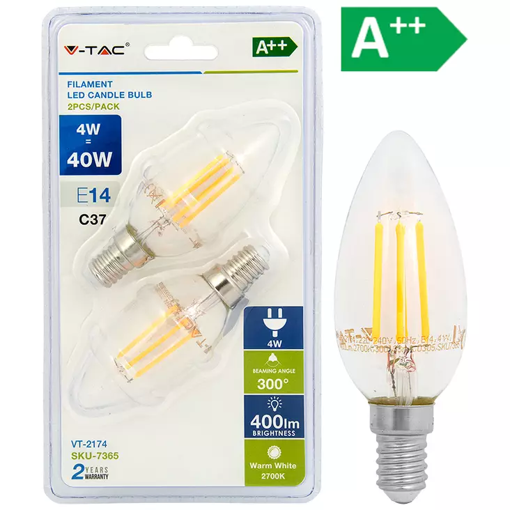 LED-POLTTIMO 4W E14 2700K 400LM CANDLE FILA 2-PACK - LED lamput E14 - 6261 - 1