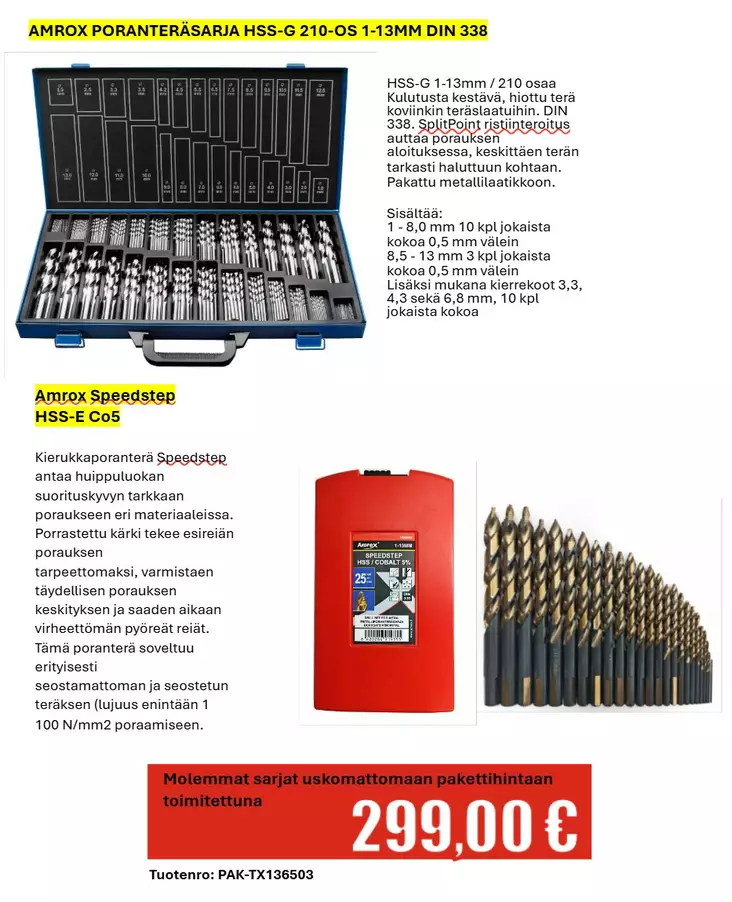 Speedstep Co5 1-13mm + 210 os. HSS-G teräsarja laatikossa - Kierukkaporasarjat HSS-G - 32302 - 1