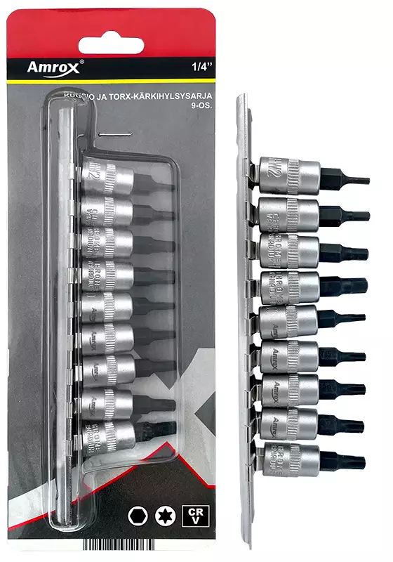 KUUSIO JA TORX-KÄRKIHYLSYSARJA 1/4'' 9-PCS - Hylsysarjat 1/4" vääntiöllä - 19164 - 1
