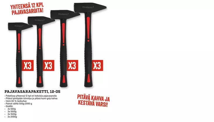 Lasikuituvartiset pajavasarat 12 kpl Yleisimmät koot samassa paketissa 500g-2000 - Pajavasarat - 31395 - 1